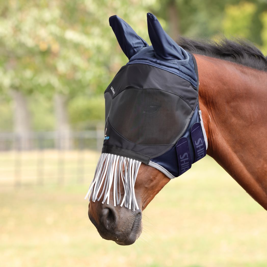Shires Flyguard Pro Deluxe Fly Mask With Ears & Nose Fringe - Navy